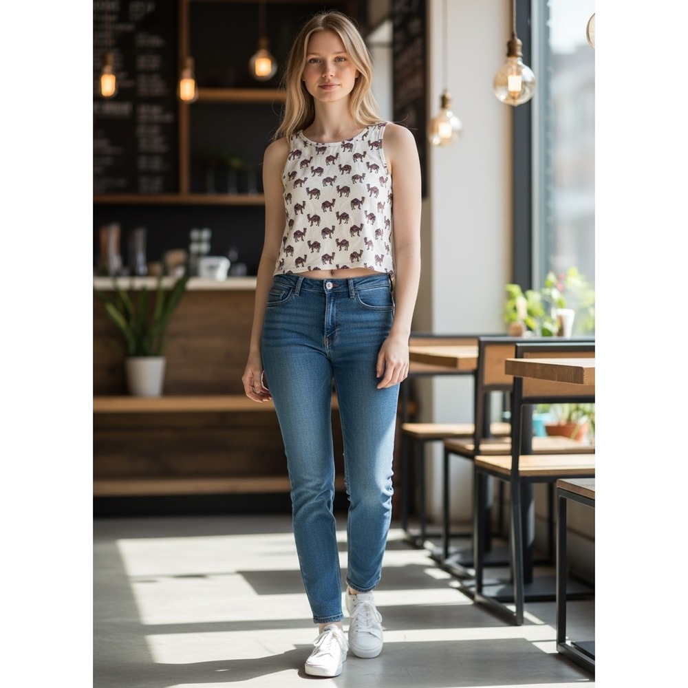 Map To Mars Y2K Indie Womens White Camel Print Crop Tank Top Size Medium Animal